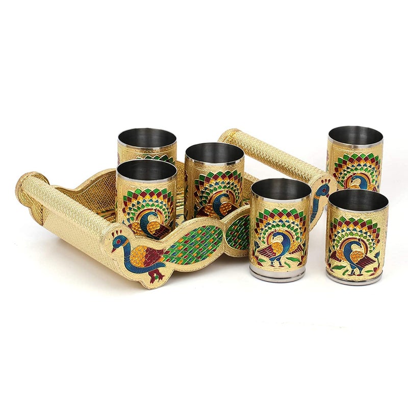 Vishal Smart Mall Stainless Steel Handmade Meenakari Peacock Design Decorative Glass Set for Home Traditional Indian Style 250 ml Glass Pack of 6 Peacock Design Glass with Wooden Tray - Image 2