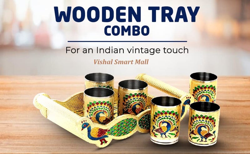 Vishal Smart Mall Stainless Steel Handmade Meenakari Peacock Design Decorative Glass Set for Home Traditional Indian Style 250 ml Glass Pack of 6 Peacock Design Glass with Wooden Tray - Image 5