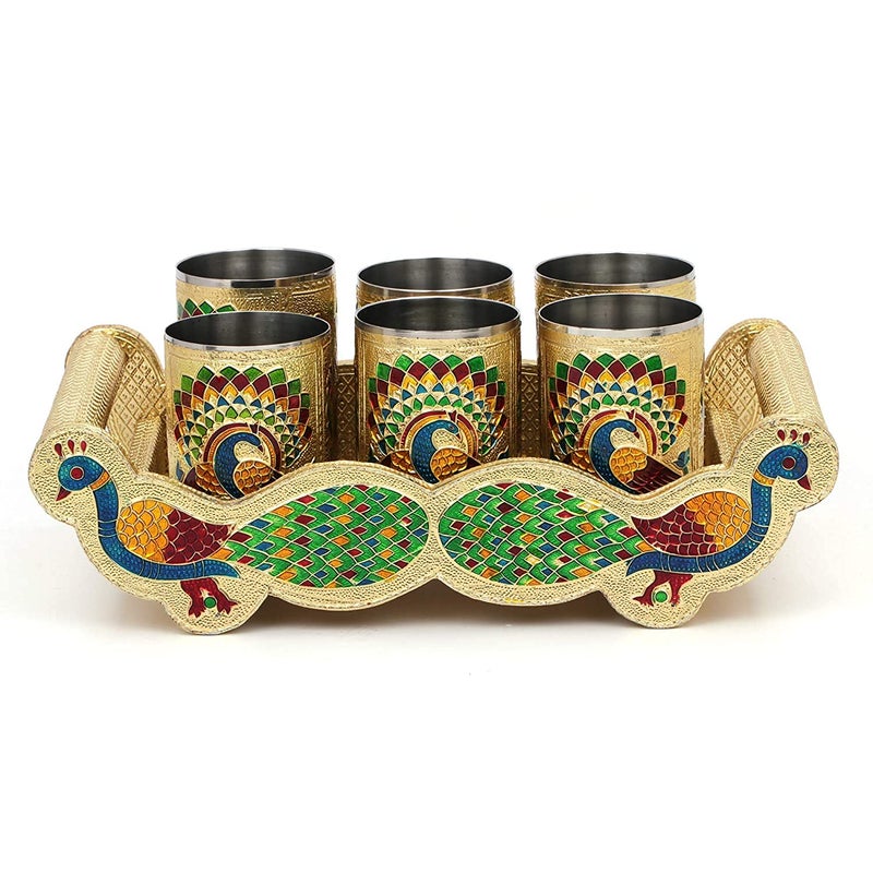 Vishal Smart Mall Stainless Steel Handmade Meenakari Peacock Design Decorative Glass Set for Home Traditional Indian Style 250 ml Glass Pack of 6 Peacock Design Glass with Wooden Tray - Image 3