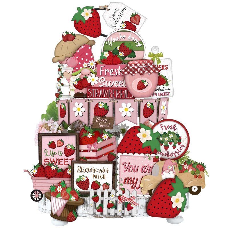 Yuntau 26 Pcs Summer Tiered Tray Decor Sets Farmhouse Summer Gnome Watermelon Strawberry Wood Sign Spring Hawaii Tiered Tray Decorations for Tabletop Home Shelf Kitchen OfficeStrawberry