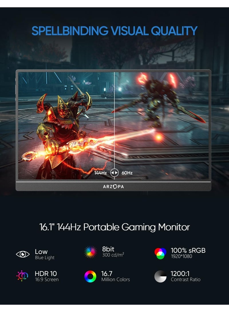 ARZOPA شاشة ألعاب محمولة 16.1 بوصة Z1FC، 144 هرتز FHD 1080P شاشة خارجية فائقة النحافة مع HDR، دقة ألوان 106% sRGB، رعاية العين، قاعدة دعم شاشة ثانية للابتوب، الكمبيوتر، ماك بوك، إكس بوكس، PS5 - Image 3