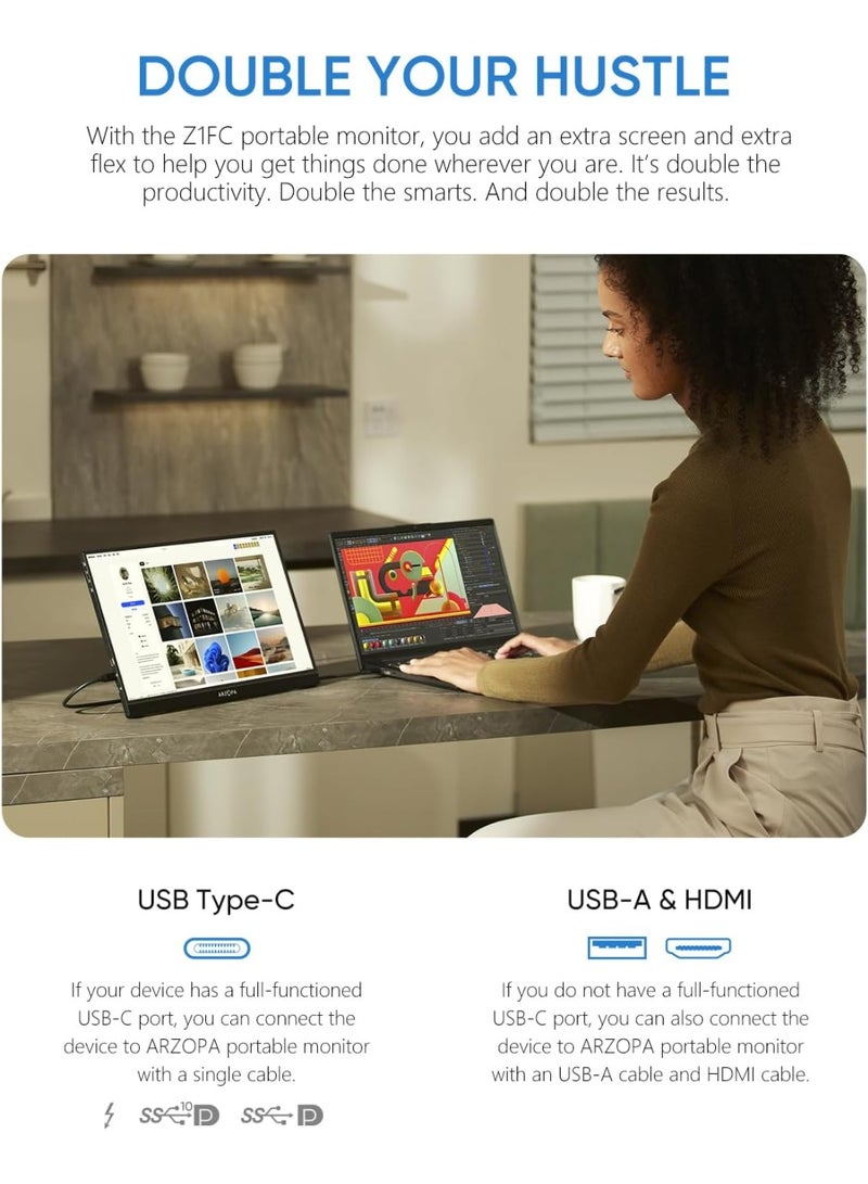 ARZOPA شاشة ألعاب محمولة 16.1 بوصة Z1FC، 144 هرتز FHD 1080P شاشة خارجية فائقة النحافة مع HDR، دقة ألوان 106% sRGB، رعاية العين، قاعدة دعم شاشة ثانية للابتوب، الكمبيوتر، ماك بوك، إكس بوكس، PS5 - Image 2