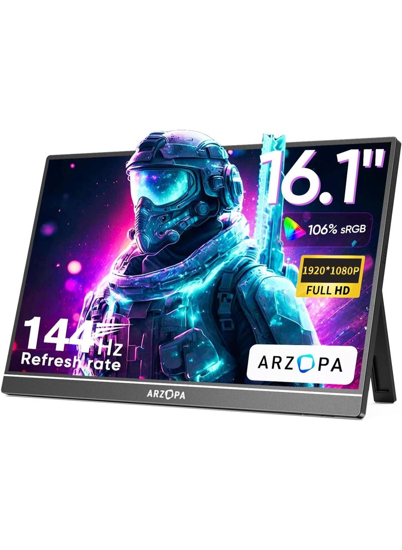 ARZOPA شاشة ألعاب محمولة 16.1 بوصة Z1FC، 144 هرتز FHD 1080P شاشة خارجية فائقة النحافة مع HDR، دقة ألوان 106% sRGB، رعاية العين، قاعدة دعم شاشة ثانية للابتوب، الكمبيوتر، ماك بوك، إكس بوكس، PS5 - Image 1