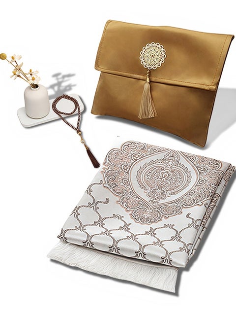3PCS Prayer Mat Set, Beautiful Prayer Mat, With Pouch and Tasbih, Premium Quality Skin Friendly Materiel, Foldable Prayer Carpet Mat, Ideal for Home, Travelling, At Office, At Work, For Ramadan, Eid Etc, Best Gift Idea Prayer(Gold)