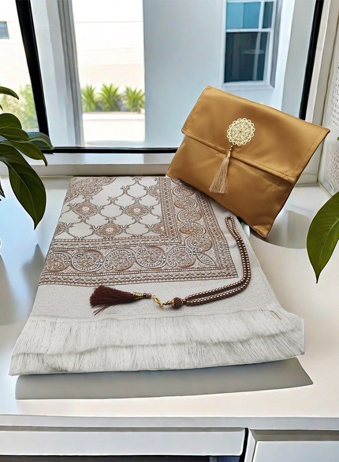 3PCS Prayer Mat Set, Beautiful Prayer Mat, With Pouch and Tasbih, Premium Quality Skin Friendly Materiel, Foldable Prayer Carpet Mat, Ideal for Home, Travelling, At Office, At Work, For Ramadan, Eid Etc, Best Gift Idea Prayer(Gold)