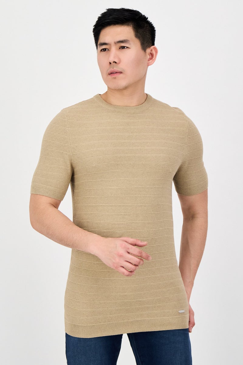 Threadbare Men Crew Neck Short Sleeve Knitted T-Shirt, Tan - Image 1