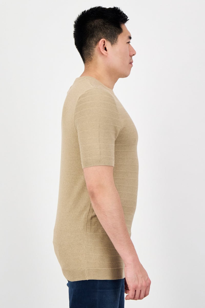 Threadbare Men Crew Neck Short Sleeve Knitted T-Shirt, Tan - Image 2