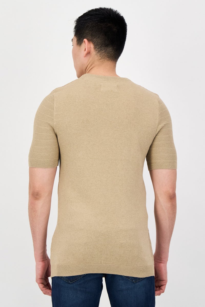 Threadbare Men Crew Neck Short Sleeve Knitted T-Shirt, Tan - Image 3