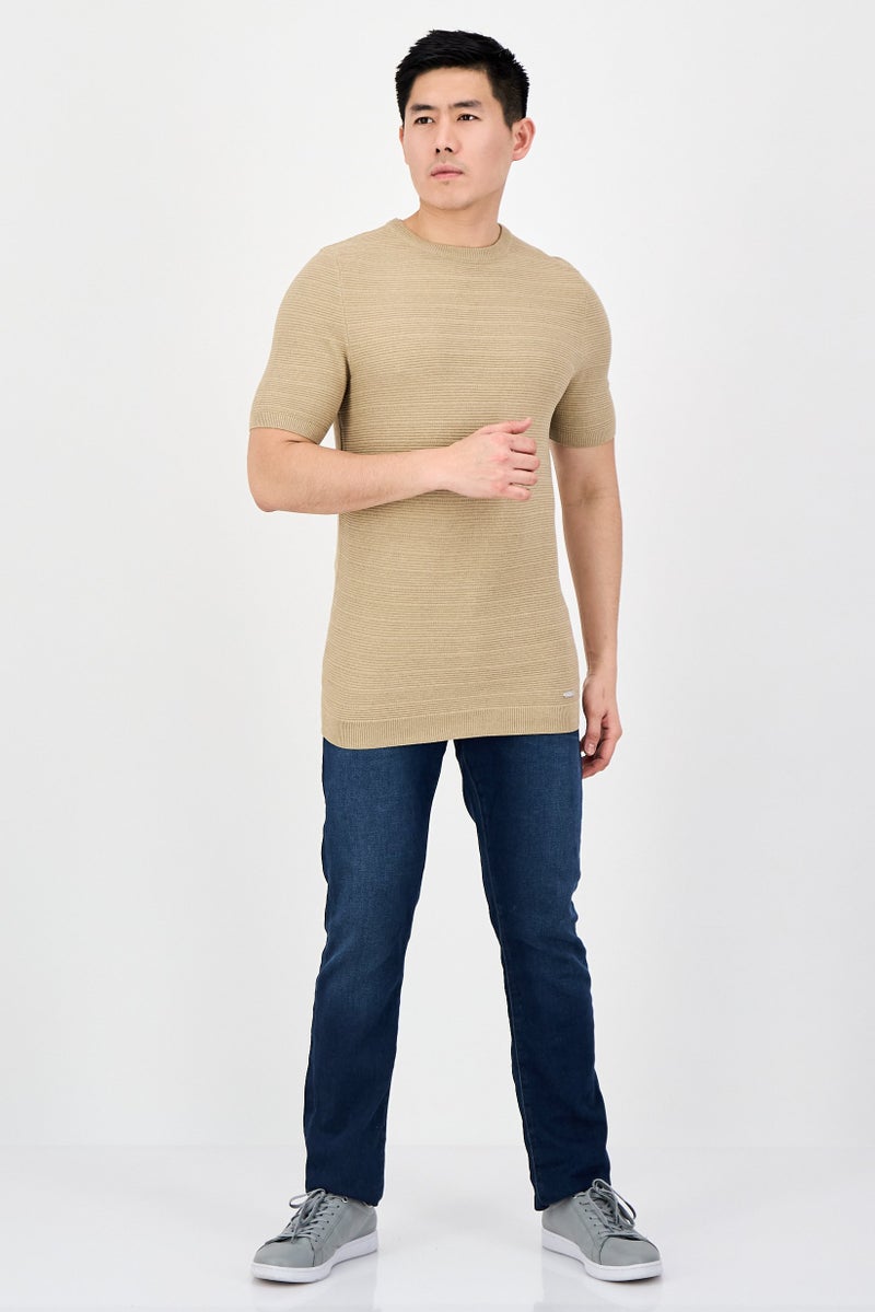Threadbare Men Crew Neck Short Sleeve Knitted T-Shirt, Tan - Image 4