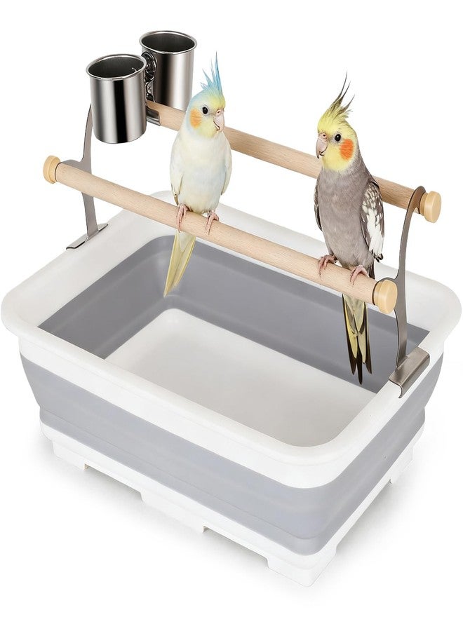 hereex Bird Desktop Shower Perch with Bucket, Training Stand with Collapsible Plastic Tray Two Perches Double Feeder Cups, Table Bath Perches for Small to Medium Sized Parakeet Cockatiel Conure Budgies - Image 1