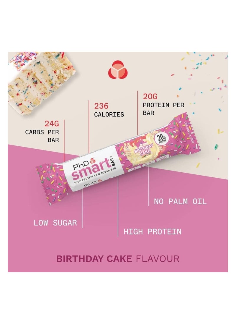 PhD - Smart High Bar, High Protein Low Sugar, 20g protein, 2.5g sugar - Birthday Cake Flavour, 64g - 12 Pack - Image 1