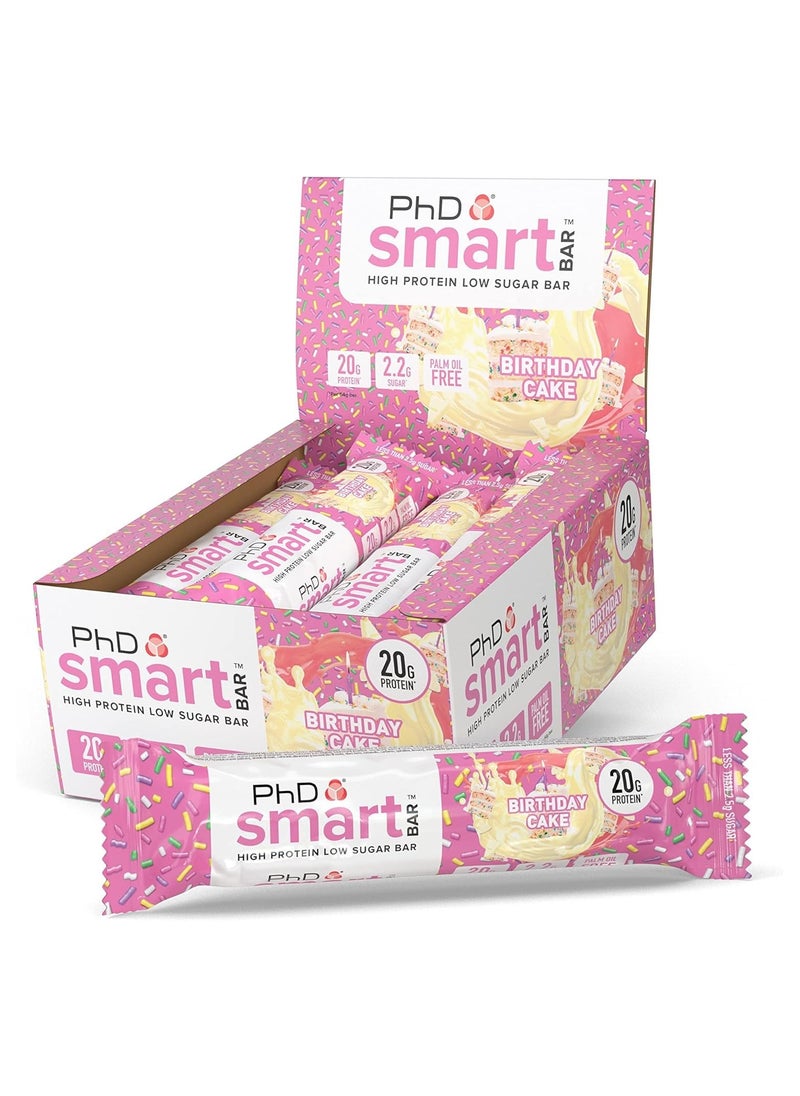 PhD - Smart High Bar, High Protein Low Sugar, 20g protein, 2.5g sugar - Birthday Cake Flavour, 64g - 12 Pack - Image 1