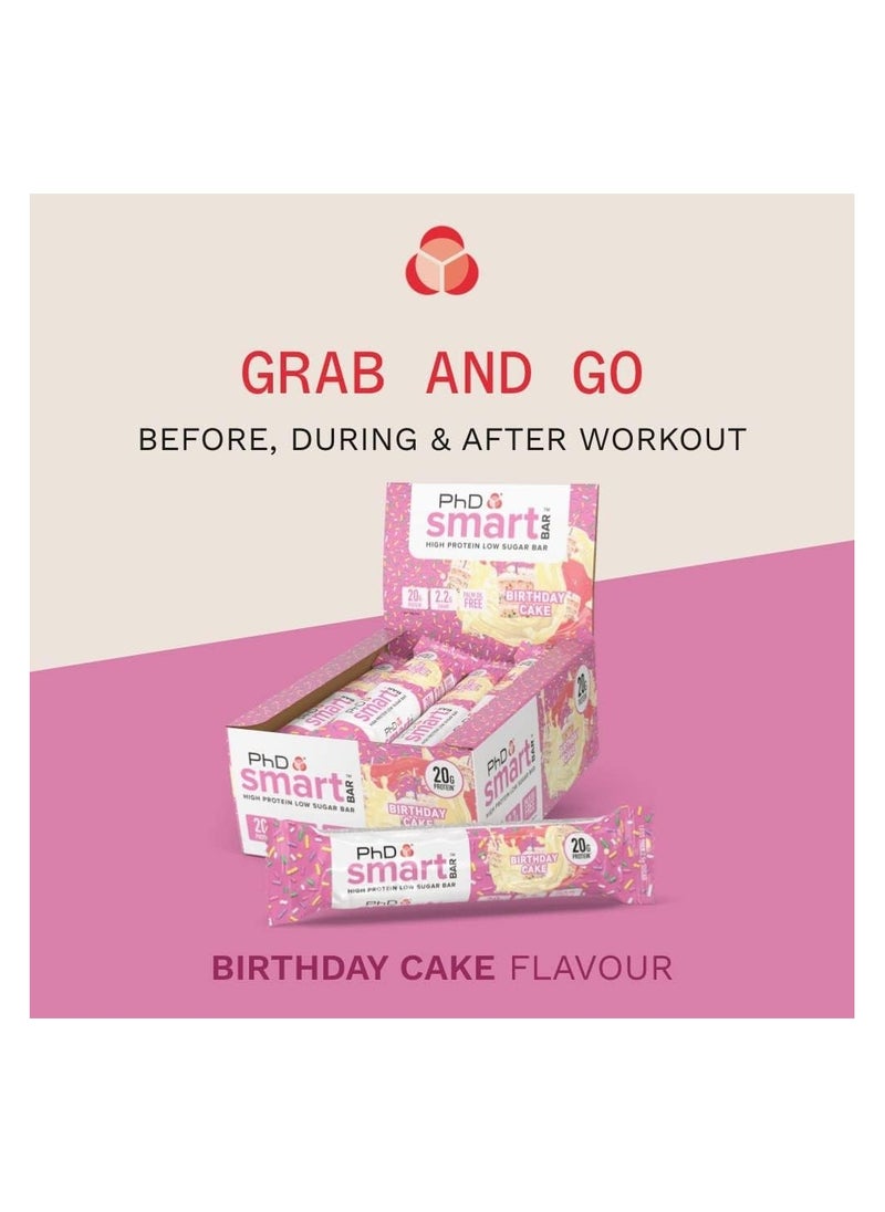 PhD - Smart High Bar, High Protein Low Sugar, 20g protein, 2.5g sugar - Birthday Cake Flavour, 64g - 12 Pack - Image 1