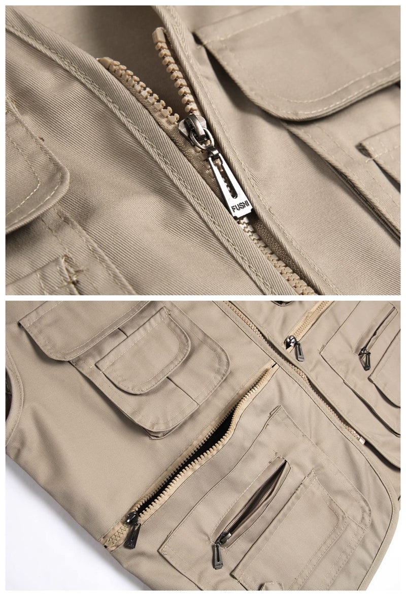 LISUHEPEAL Men's Fishing Vest Summer Outdoor Work Safari Travel Photo Khaki Vests with Multi Zipper Pockets For Men (S18-Khaki, XS) - Image 5