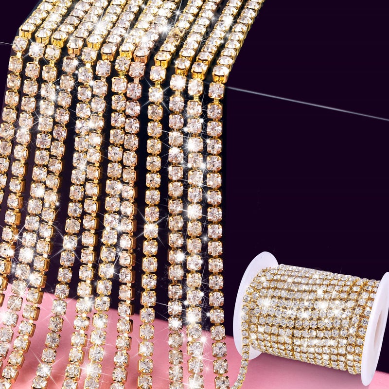 Blinginbox Rhinestones Chain 10 Yards SS164mm Crystal Glass Sew On Rhinestones Cup Chain with Gold Bottom Sew On Trim ss164mm CrystalGold Bottom