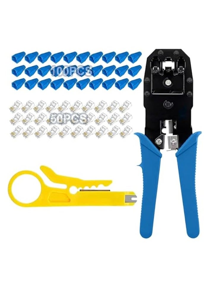 بروماس حزمة مكشكش RJ45 Cat6 - مكشكش الكابل، أداة تجعيد عروة كابل البطارية تتضمن قطعة واحدة من مكشكش الكابل، 100 قطعة موصل RJ45 Cat6، 50 قطعة غطاء RJ45، قطعة واحدة شفرة (أزرق)  - Image 1