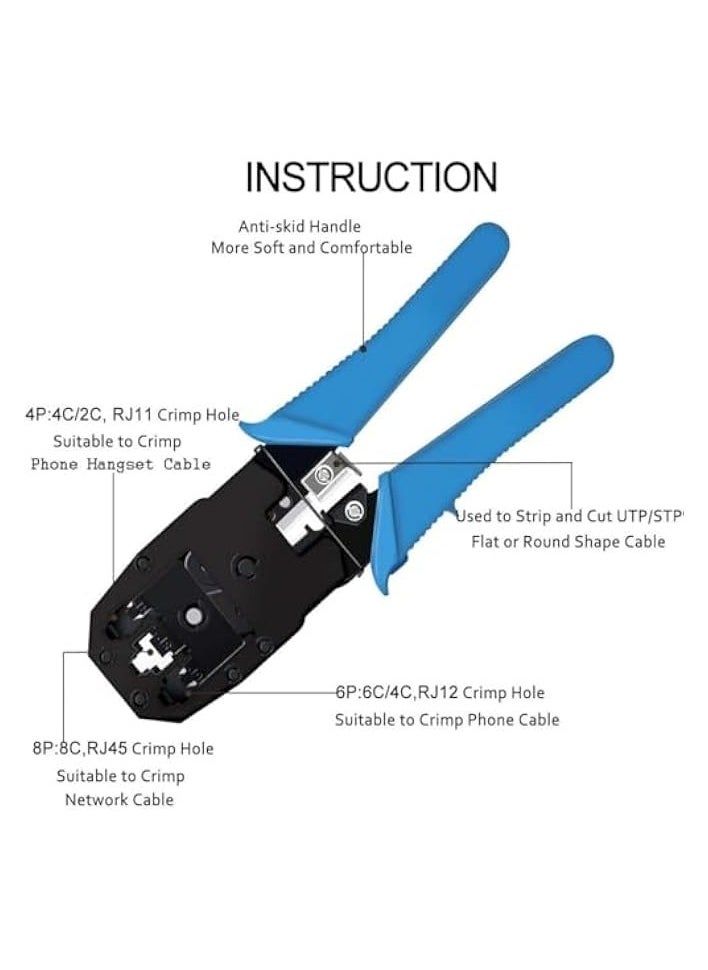 بروماس حزمة مكشكش RJ45 Cat6 - مكشكش الكابل، أداة تجعيد عروة كابل البطارية تتضمن قطعة واحدة من مكشكش الكابل، 100 قطعة موصل RJ45 Cat6، 50 قطعة غطاء RJ45، قطعة واحدة شفرة (أزرق)  - Image 3
