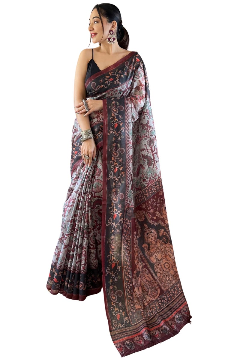 SGF11 Women's Kalamkari Cotton Linen Silk Saree With Blouse Piece (Grey) - Image 5
