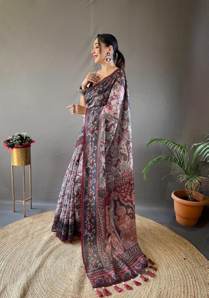 SGF11 Women's Kalamkari Cotton Linen Silk Saree With Blouse Piece (Grey) - Image 4