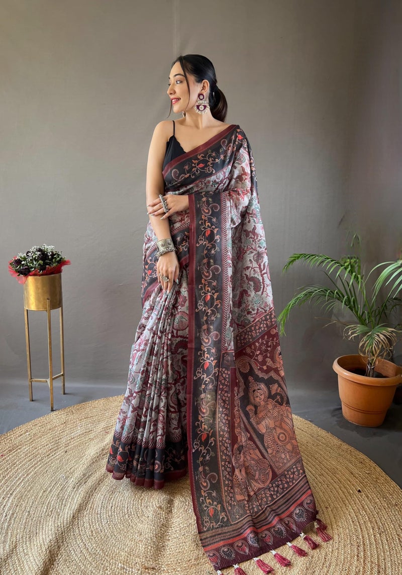 SGF11 Women's Kalamkari Cotton Linen Silk Saree With Blouse Piece (Grey) - Image 2