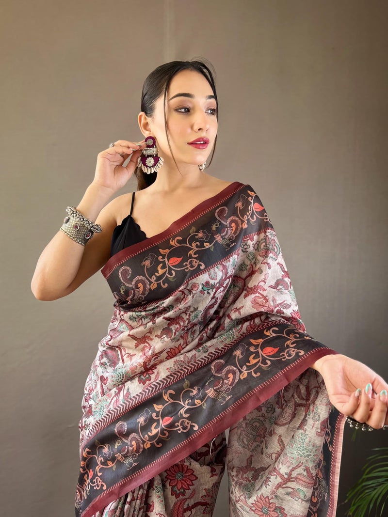 SGF11 Women's Kalamkari Cotton Linen Silk Saree With Blouse Piece (Grey) - Image 3