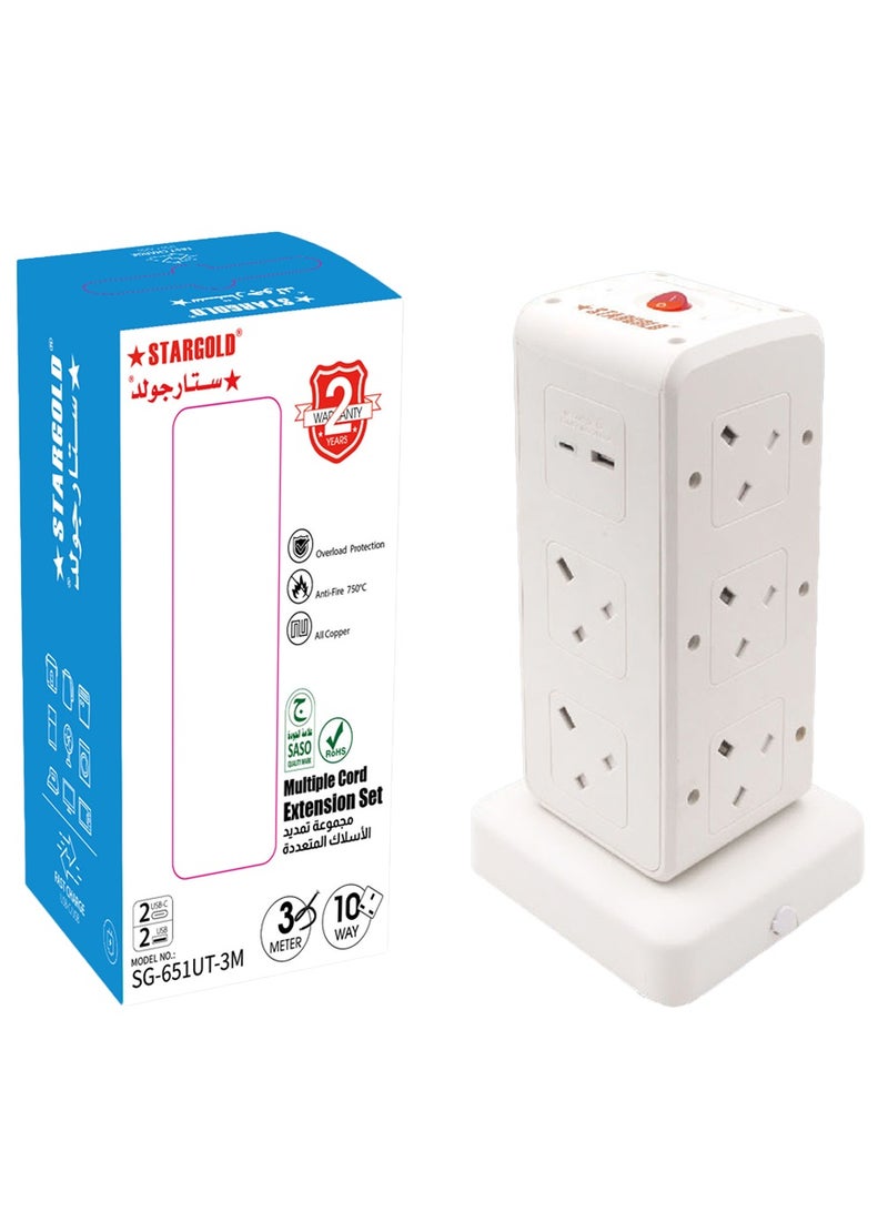 ستارجولد مجموعة وصلات سلكية متعددة لحماية الحمل الزائد، مخرج تيار متردد 10 اتجاهات مع 2 USB ومنفذين USB-C مضاد للحريق 750 درجة مئوية، كابل طاقة طويل 13 أمبير 3 متر، محطة شحن شديدة التحمل - أبيض - Image 2