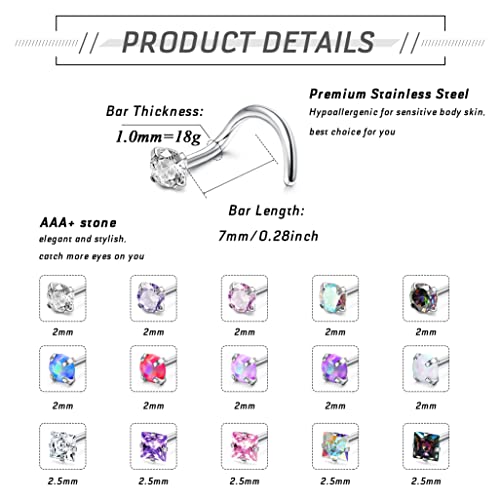 MILACOLATO 18G Nose Rings 316L Surgical Stainless Steel Nose Ring Studs Screw Shaped Studs Rings CZ Nose Ring Labret Nose Piercing Jewelry for Men Women - Image 2