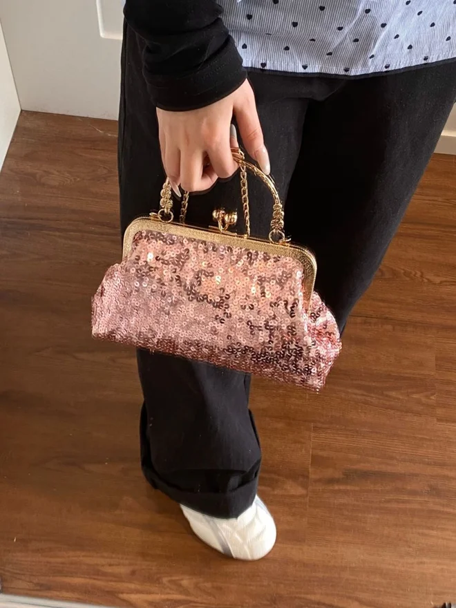 Pink Embellished Hand Bag with Chain Strap