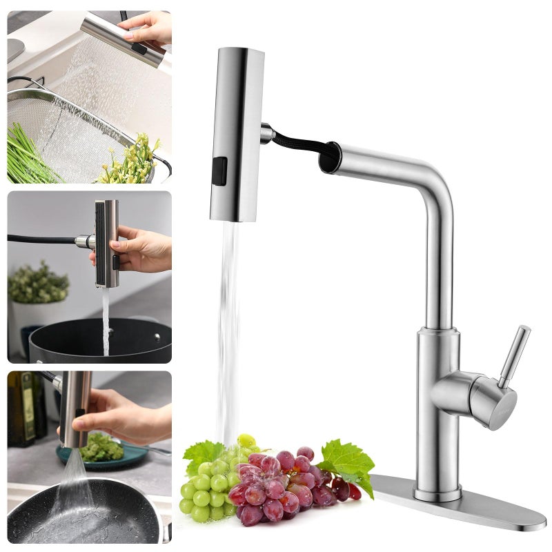 WEWE Waterfall Kitchen Faucet with Pull Down Sprayer, 3 Modes(Sweep/Stream/Waterfall) Rotary Switch Mode Stainless Steel Kitchen Sink Faucet Single Lever Handle Brushed Nickel Sink Fuacet - Image 1