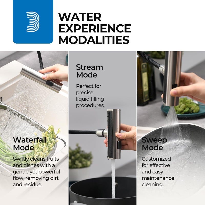 WEWE Waterfall Kitchen Faucet with Pull Down Sprayer, 3 Modes(Sweep/Stream/Waterfall) Rotary Switch Mode Stainless Steel Kitchen Sink Faucet Single Lever Handle Brushed Nickel Sink Fuacet - Image 3