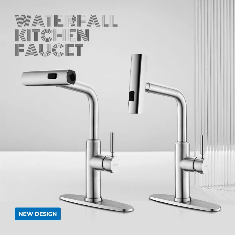 WEWE Waterfall Kitchen Faucet with Pull Down Sprayer, 3 Modes(Sweep/Stream/Waterfall) Rotary Switch Mode Stainless Steel Kitchen Sink Faucet Single Lever Handle Brushed Nickel Sink Fuacet - Image 2