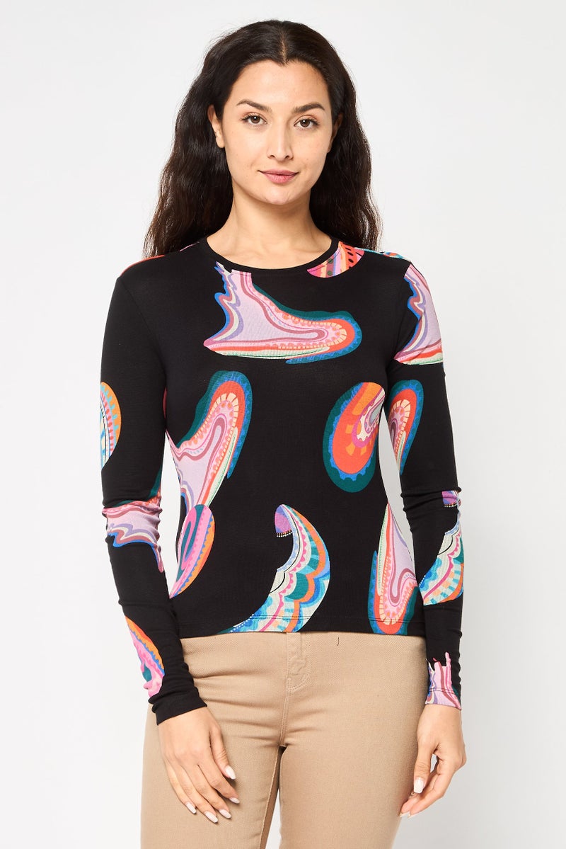 DESIGUAL Women Crew Neck Long Sleeve Graphic Print Top, Multicolor - Image 1