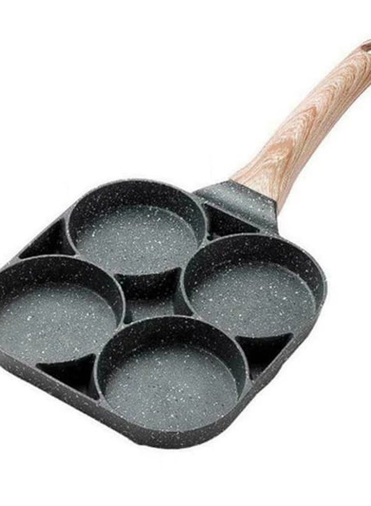 Multifunctional non-stick granite egg frying pan with wooden handle of 4 molds black - Image 1