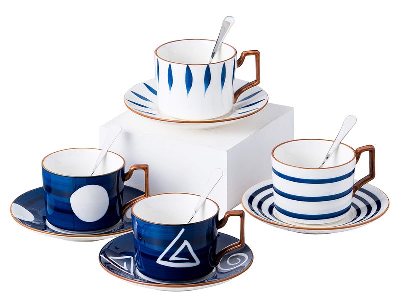 Jusalpha Japanese style hand printed 7oz Fine China Tea CupCoffee Cup With Spoon and TraySaucer Set Tableware Serve of 4 TCS25