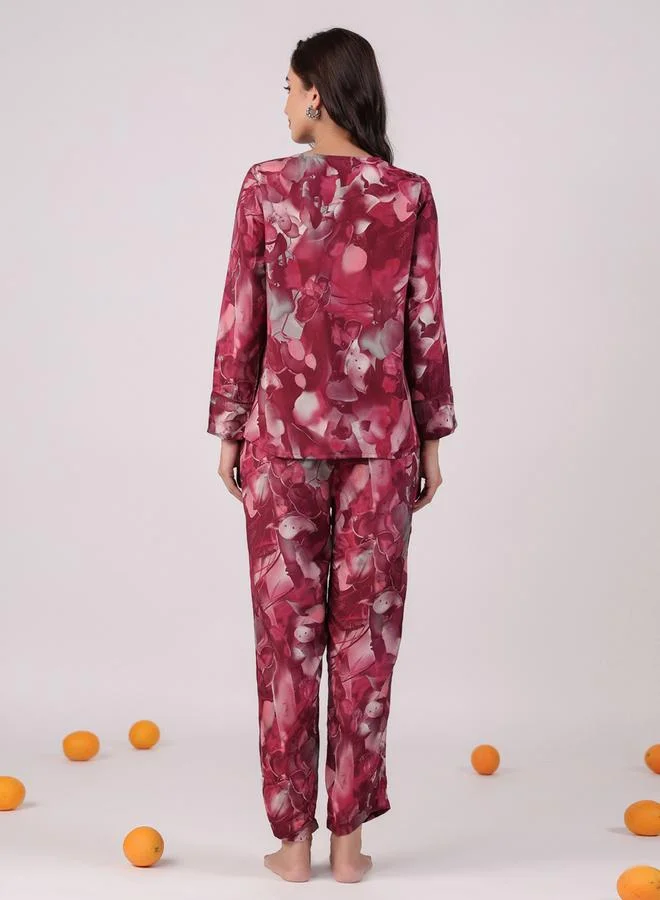 sanskrutihomes Magenta Printed V Neck Cotton Shirt and Pyjama Set