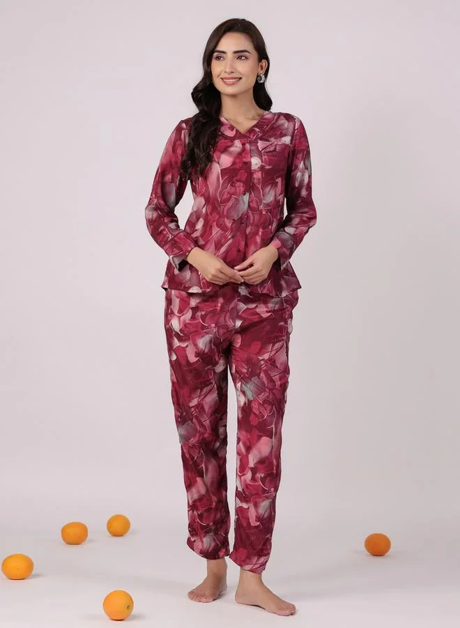 sanskrutihomes Magenta Printed V Neck Cotton Shirt and Pyjama Set