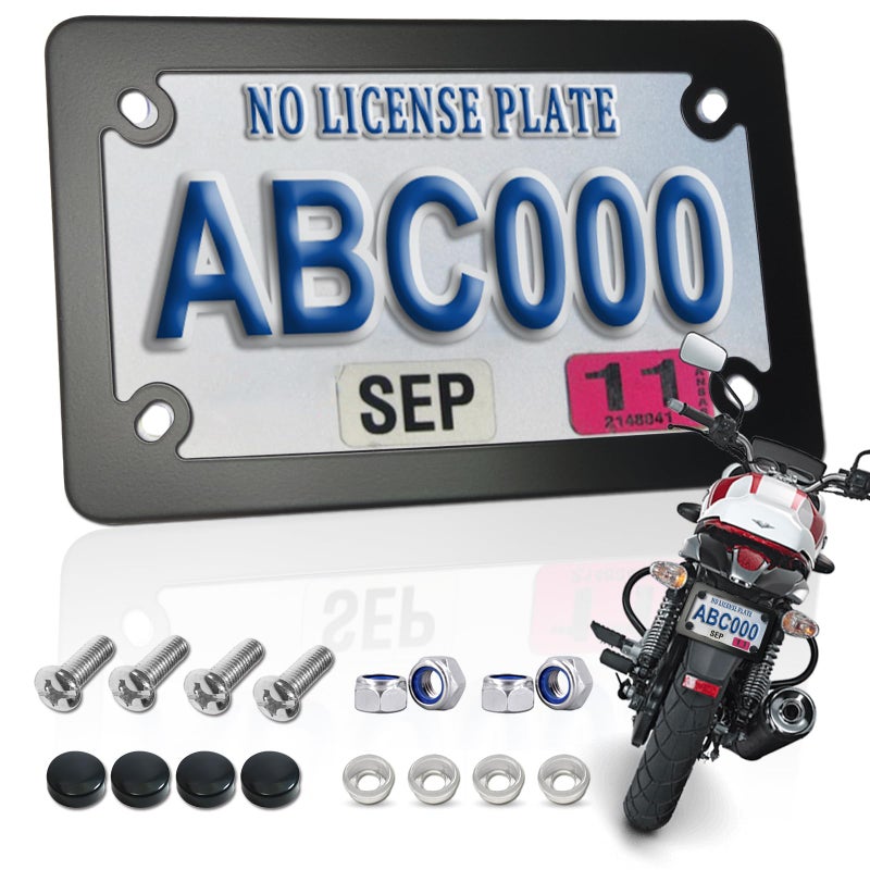 FBJTDQ Motorcycle License Plate Frame Black Matte Stainless Steel Bike Tag Plate Holder 4 Holes HeavyDuty Metal Bracket 1 Pack with Mounting Hardware Screws Nuts Caps - Image 3