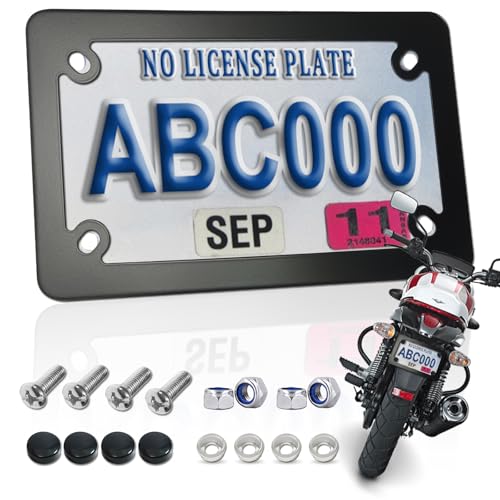 FBJTDQ Motorcycle License Plate Frame Black Matte Stainless Steel Bike Tag Plate Holder 4 Holes HeavyDuty Metal Bracket 1 Pack with Mounting Hardware Screws Nuts Caps - Image 1