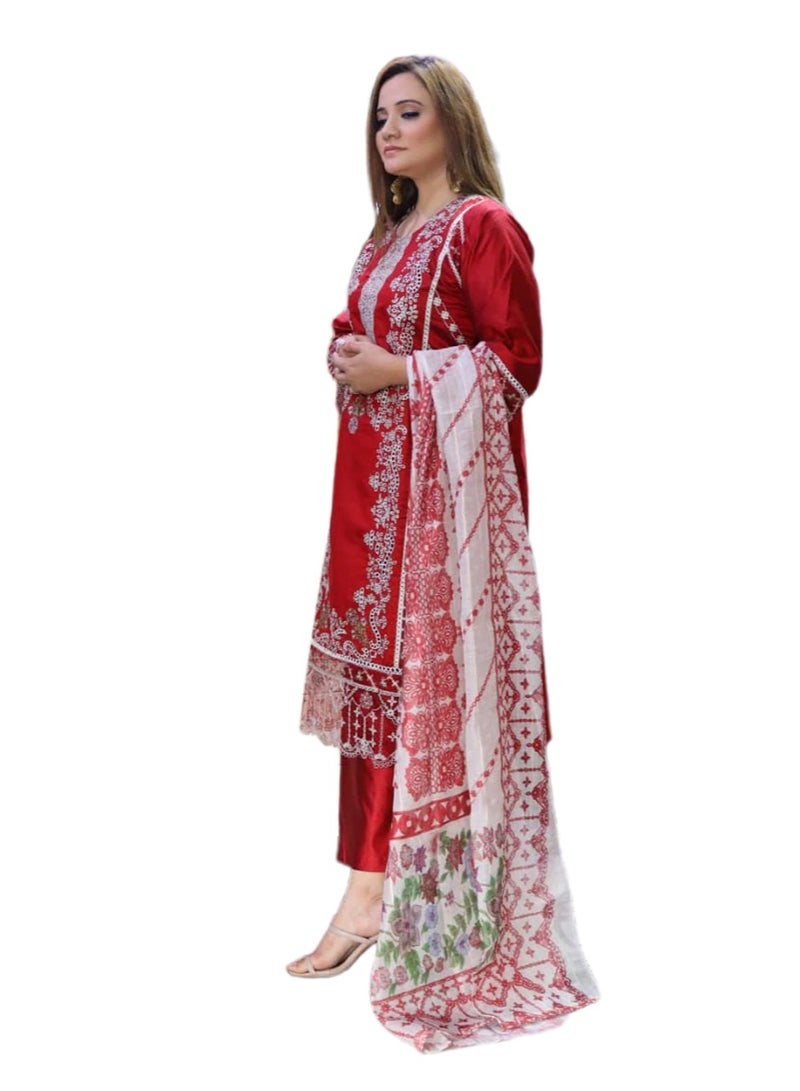 Winchell's Pakistani Outfit – Fully Embroidered Shirt, Plain Trouser & Printed Dupatta -  Medium-Size - Image 1