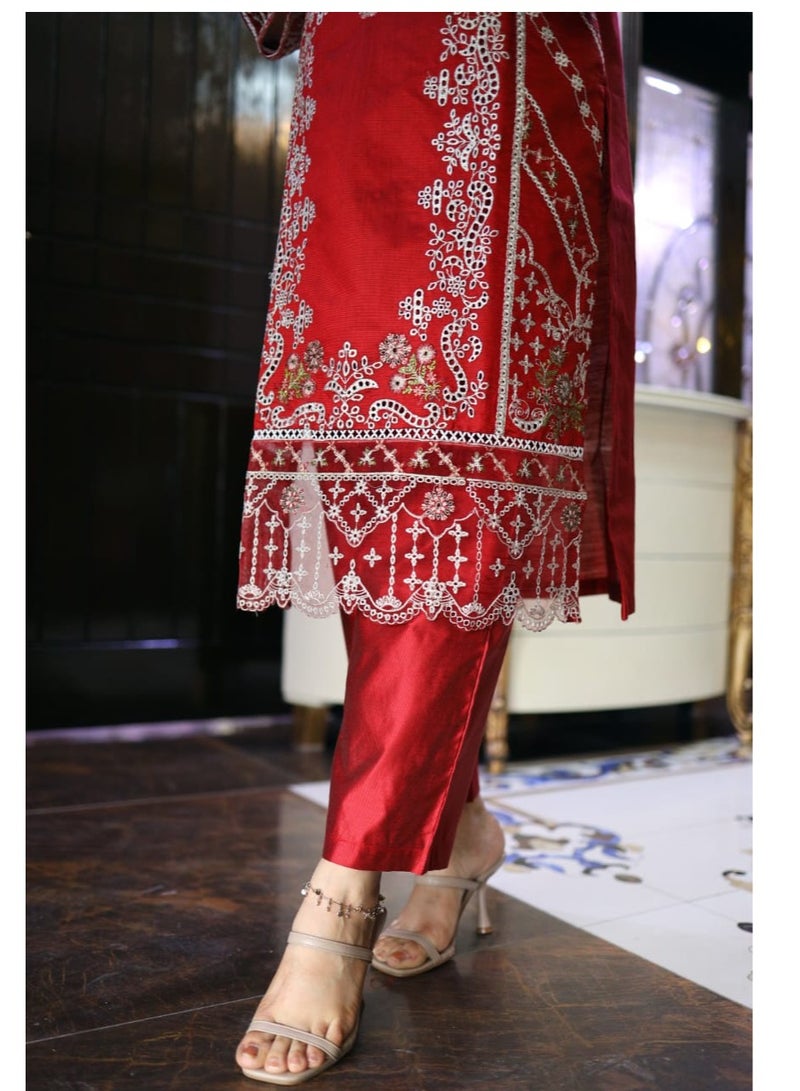Winchell's Pakistani Outfit – Fully Embroidered Shirt, Plain Trouser & Printed Dupatta -  Medium-Size - Image 3