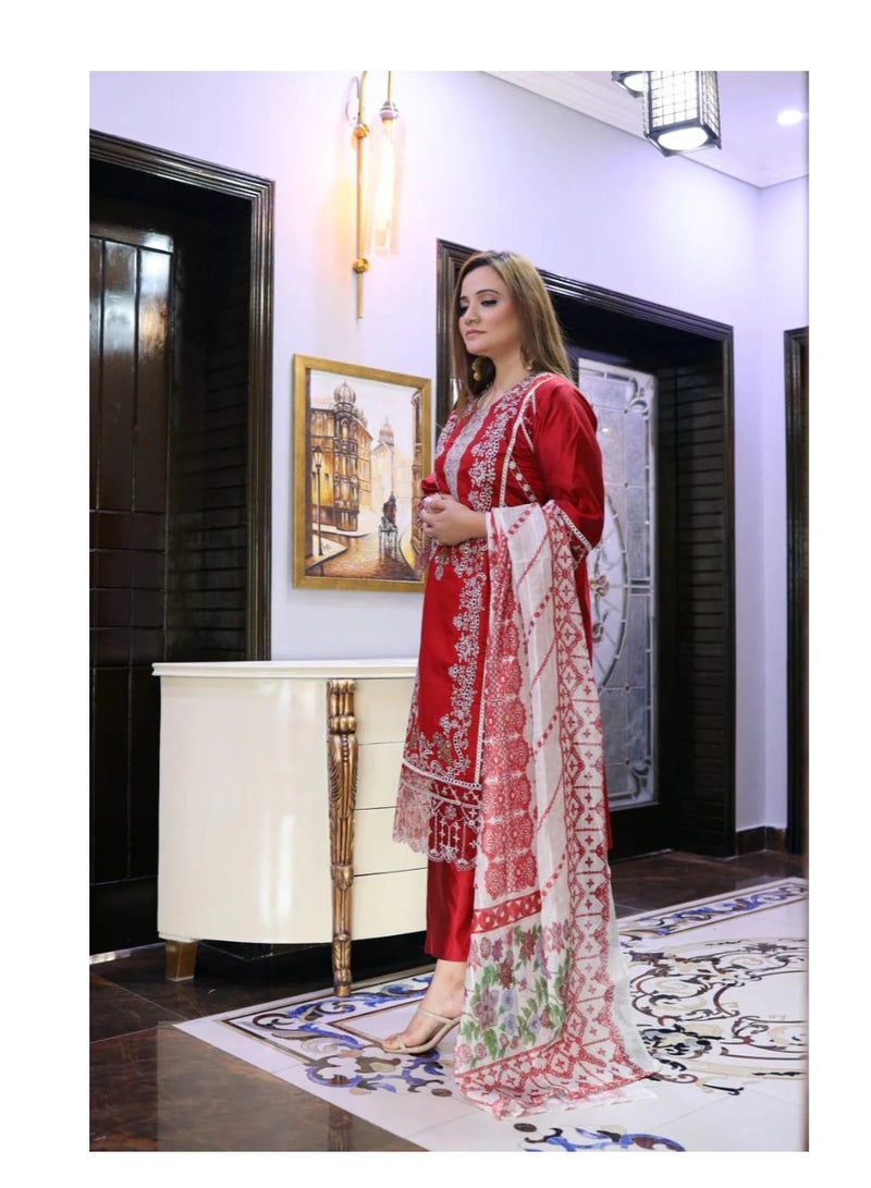 Winchell's Pakistani Outfit – Fully Embroidered Shirt, Plain Trouser & Printed Dupatta -  Medium-Size - Image 2