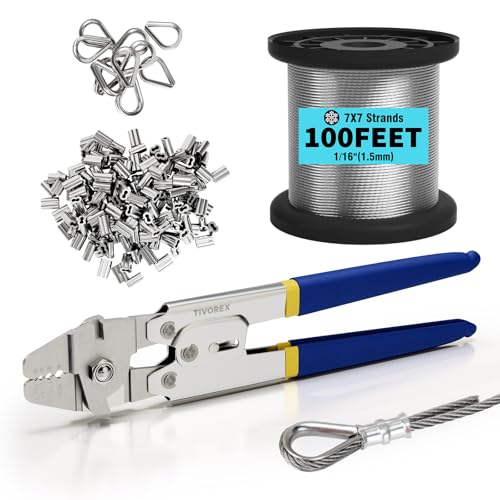 Tivorex Wire Rope Crimping Tool Kit 100ft 116 Stainless Steel Wire Rope Cable with 160PCS Aluminum Crimping Loop Sleeve 10PCS Thimble for Railing Decking Picture Hanging - Image 1