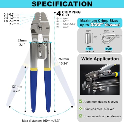 Tivorex Wire Rope Crimping Tool Kit 100ft 116 Stainless Steel Wire Rope Cable with 160PCS Aluminum Crimping Loop Sleeve 10PCS Thimble for Railing Decking Picture Hanging - Image 3