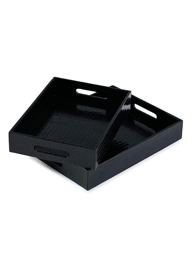 Azyeea Rectangular Faux Leather Serving Tray Set for Dining Table, Decoration, Parties, Storage, Utensils, Home décor Paper Tray and Folders Holder for Desk Organizer Accessories (Black) - Image 5
