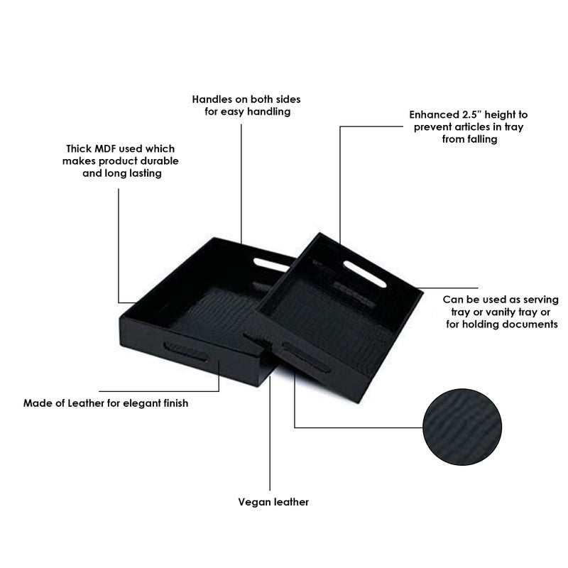 Azyeea Rectangular Faux Leather Serving Tray Set for Dining Table, Decoration, Parties, Storage, Utensils, Home décor Paper Tray and Folders Holder for Desk Organizer Accessories (Black) - Image 3