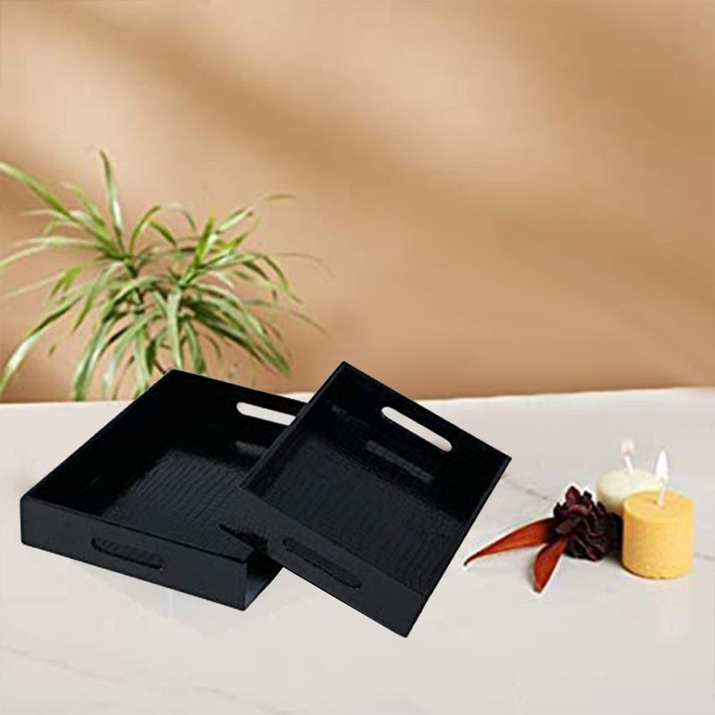Azyeea Rectangular Faux Leather Serving Tray Set for Dining Table, Decoration, Parties, Storage, Utensils, Home décor Paper Tray and Folders Holder for Desk Organizer Accessories (Black) - Image 2