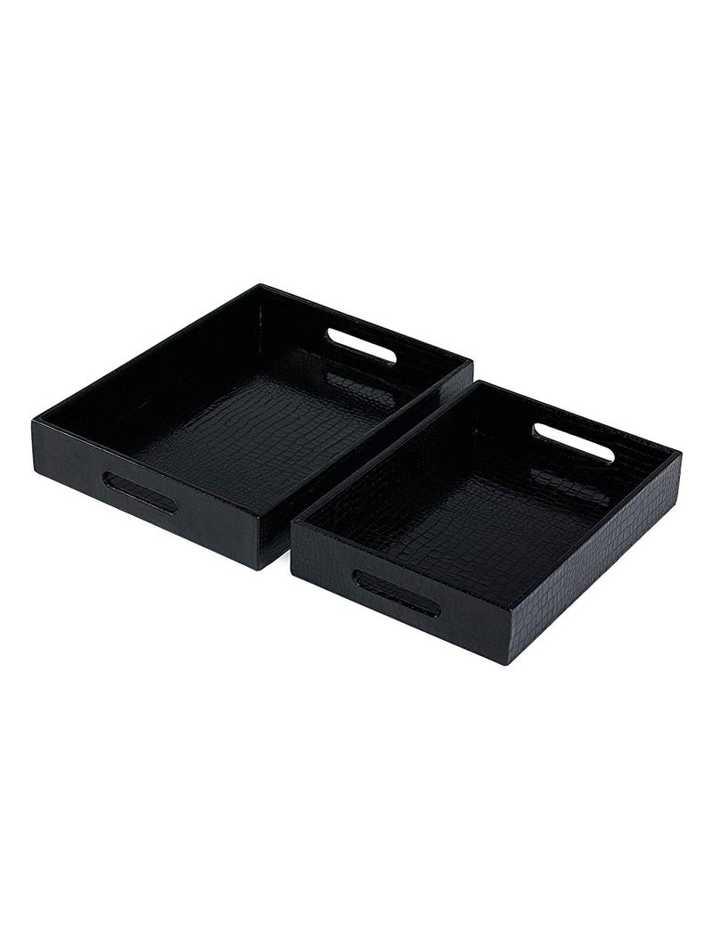 Azyeea Rectangular Faux Leather Serving Tray Set for Dining Table, Decoration, Parties, Storage, Utensils, Home décor Paper Tray and Folders Holder for Desk Organizer Accessories (Black) - Image 1