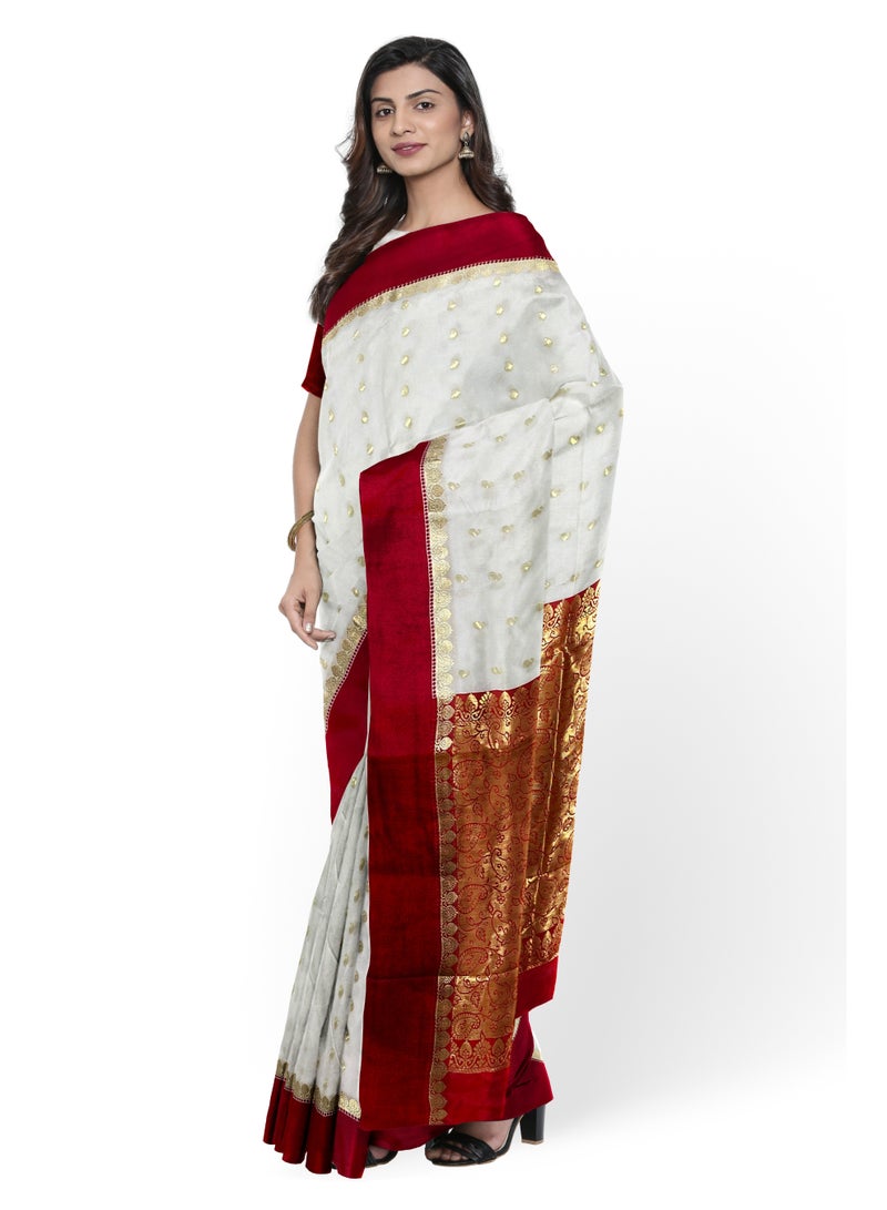Women Semi Silk Traditional Bengali Lal Par Kanjivaram Saree with Blouse Piece White and Red - Image 1