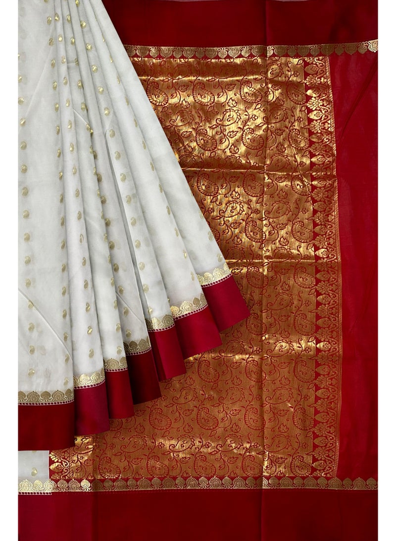 Women Semi Silk Traditional Bengali Lal Par Kanjivaram Saree with Blouse Piece White and Red - Image 2