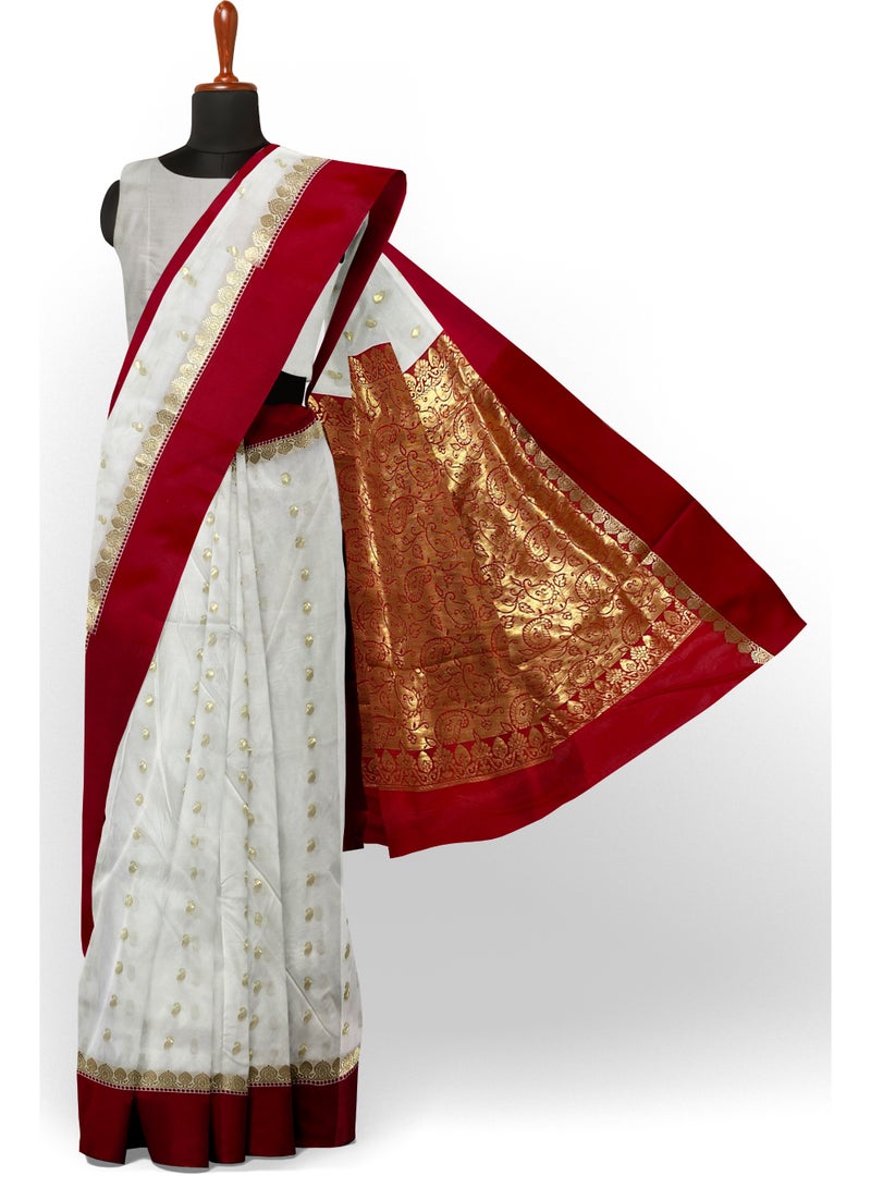 Women Semi Silk Traditional Bengali Lal Par Kanjivaram Saree with Blouse Piece White and Red - Image 3